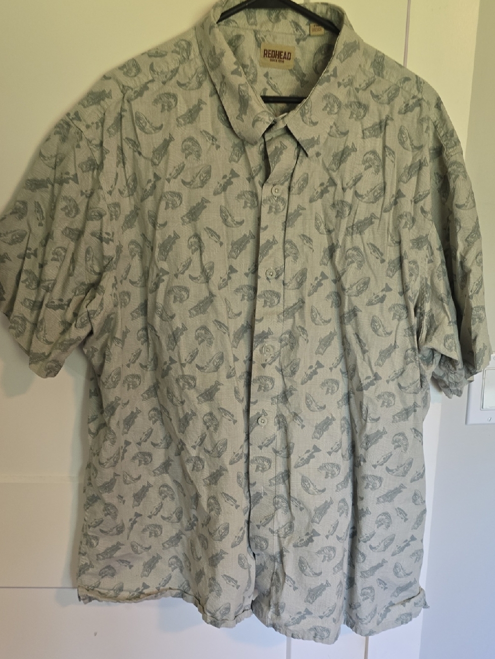 RedHead Sage Green Fish Pattern Short Sleeve Button-Up